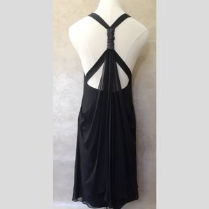 Alice & Olivia Dress Black Silk Open Back Strappy Layered Leather Accent XS